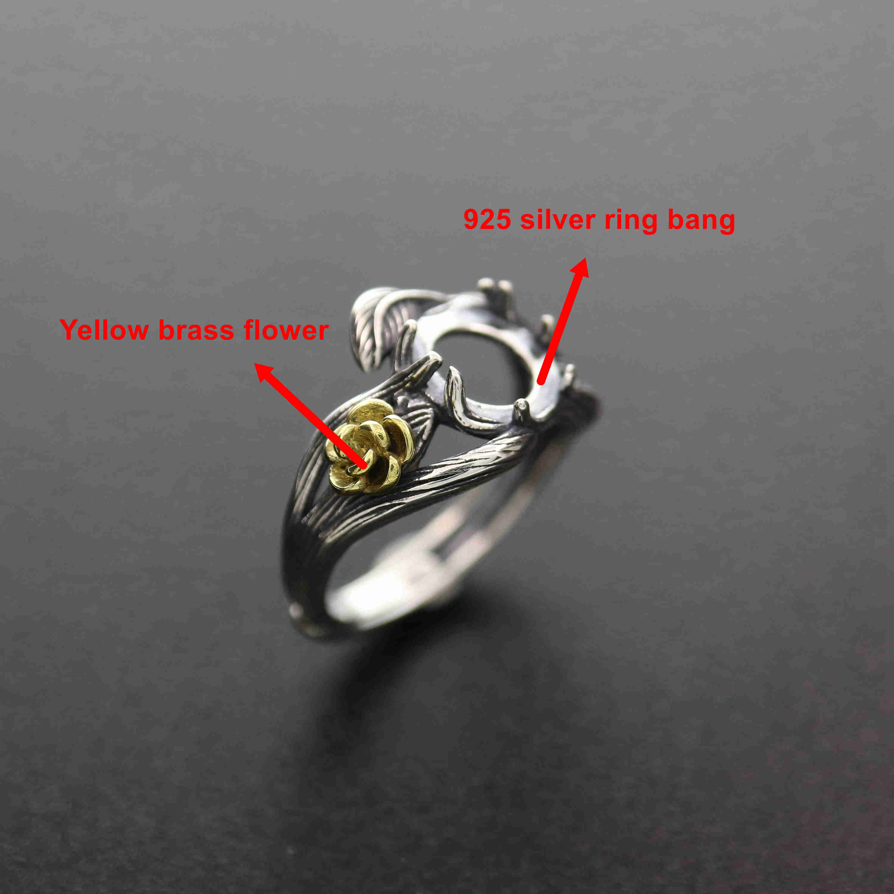 1Pcs 8MM Vintage Style Brass Flower Branch Round Cabochon Bezel Antiqued Solid 925 Sterling Silver Adjustable Ring Settings 1213050 - Click Image to Close